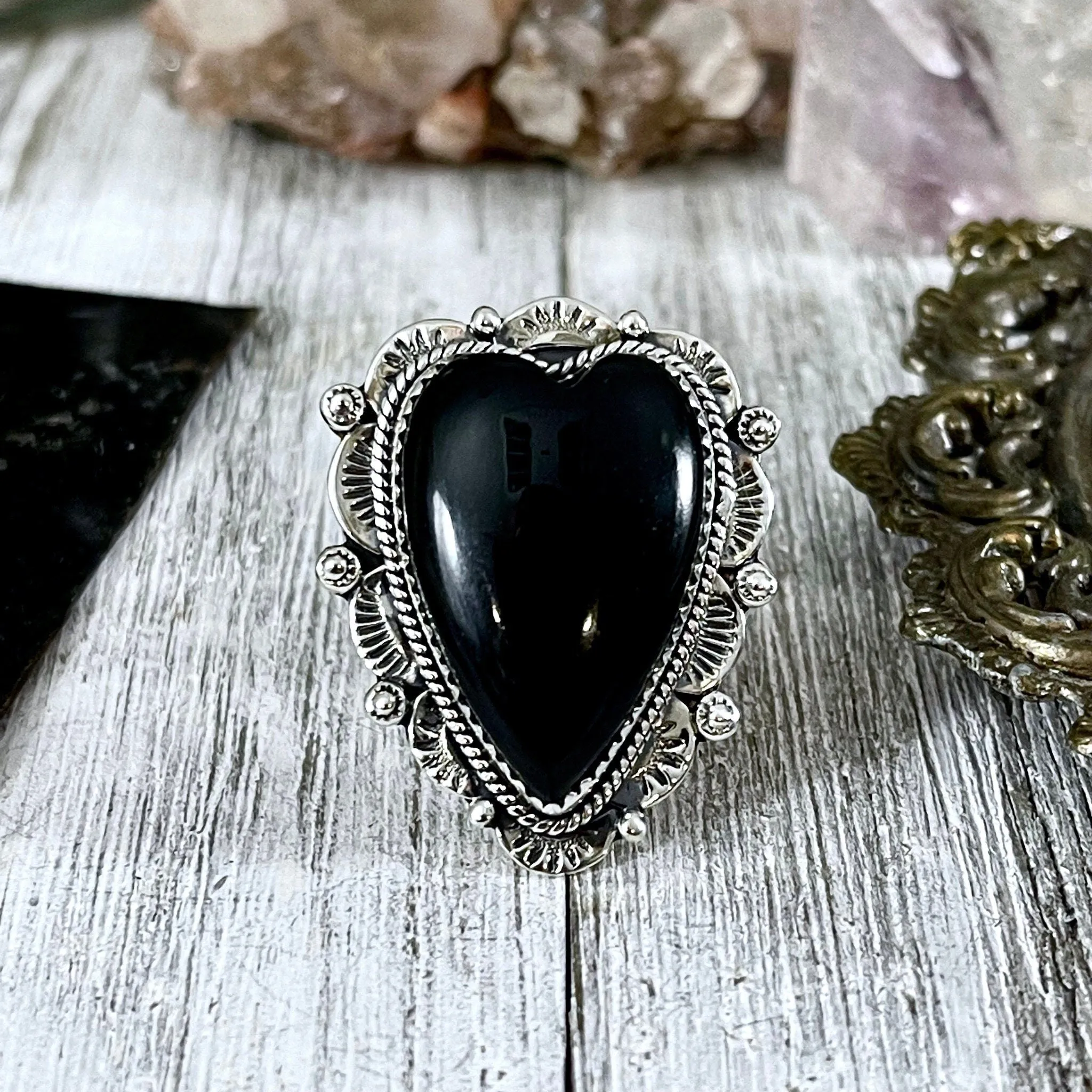 Black Onyx Heart Crystal Statement Ring in Sterling Silver- Designed by FOXLARK Collection Adjusts to size 6,7,8,9, or 10 / Gothic Jewelry