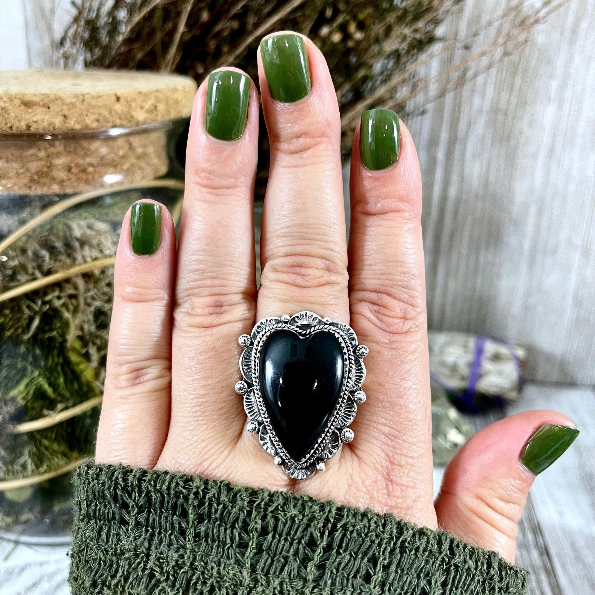 Black Onyx Heart Crystal Statement Ring in Sterling Silver- Designed by FOXLARK Collection Adjusts to size 6,7,8,9, or 10 / Gothic Jewelry