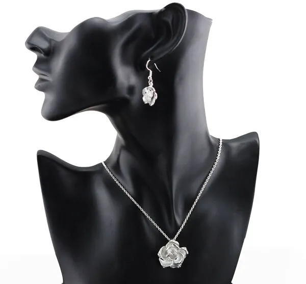 Black Rose Flower Necklace & Earrings Fashion Jewelry Set