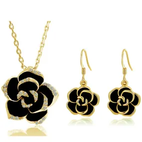 Black Rose Flower Necklace & Earrings Fashion Jewelry Set