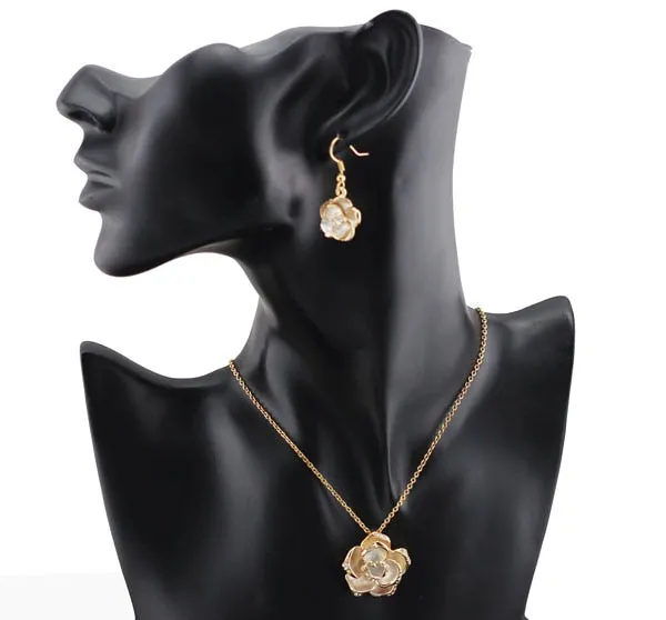 Black Rose Flower Necklace & Earrings Fashion Jewelry Set