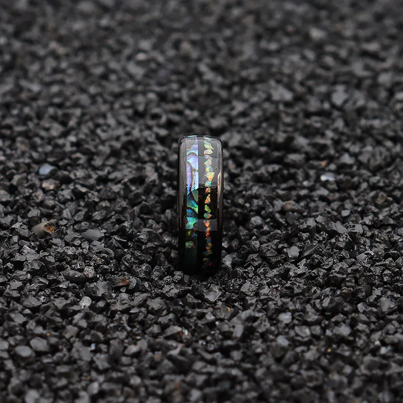 Black Tungsten Carbide with Shell and Opal Inlay Wedding Band