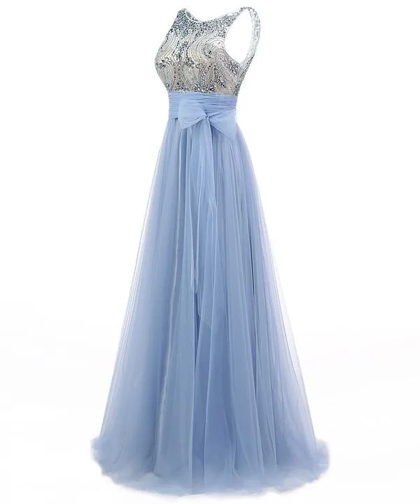 blue prom dress, long prom dress, tulle prom gown, beaded prom dress, popular evening dress, BD154