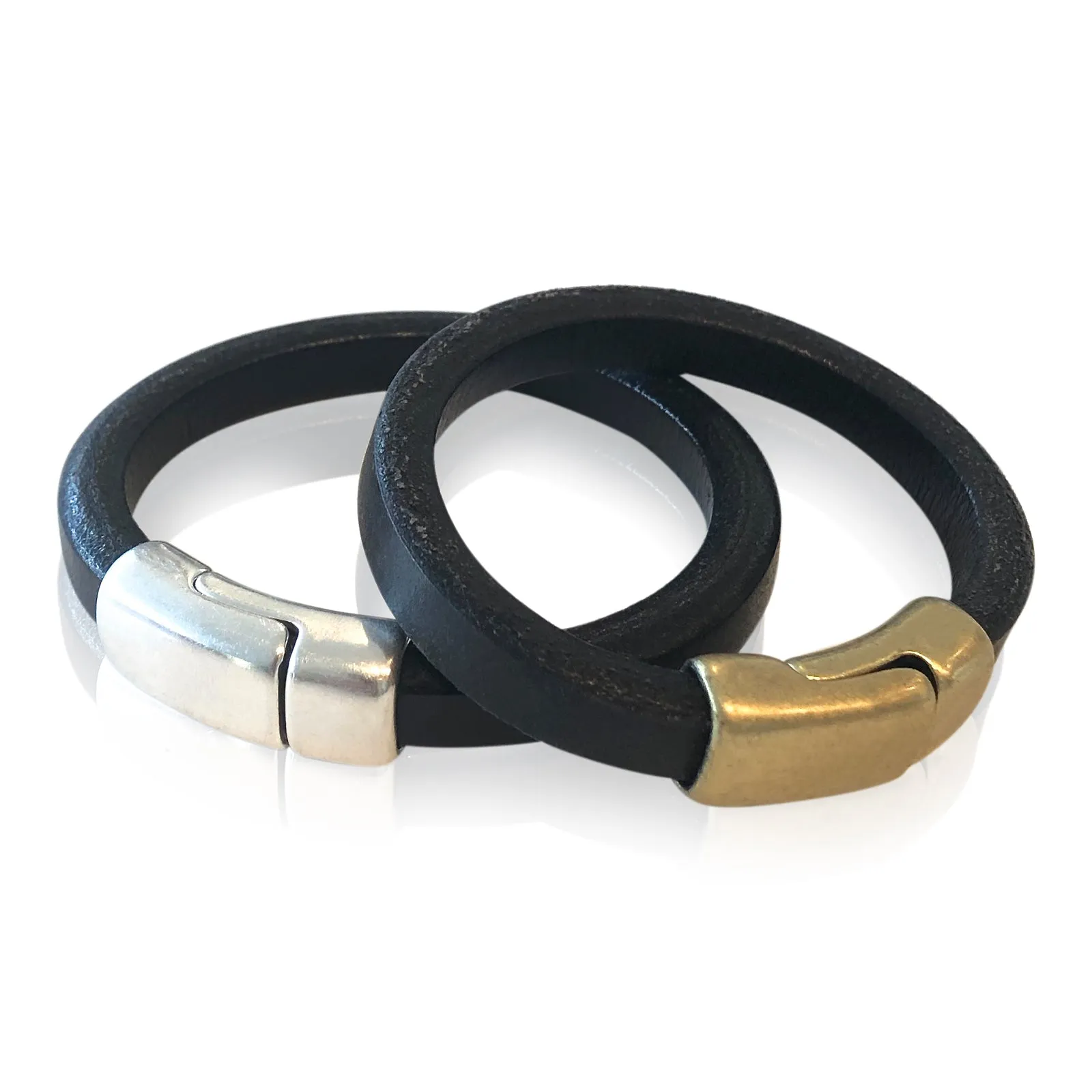 BR1 BK - Black Leather Bracelet with Round Magnetic Clasp