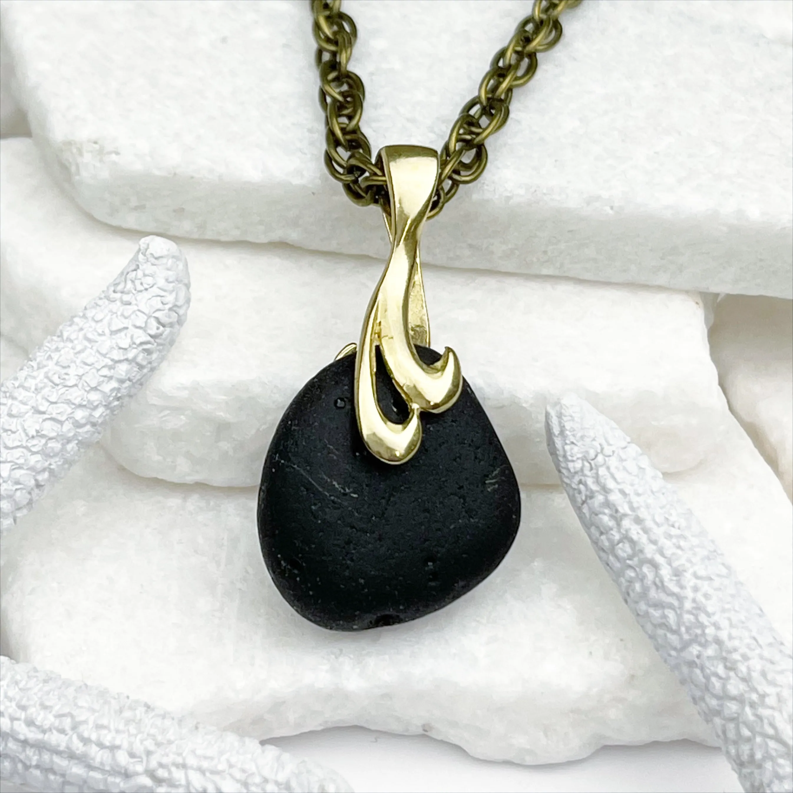 Bubbly Black Sea Glass and Decorative Bronze Bail Pendant | #5055