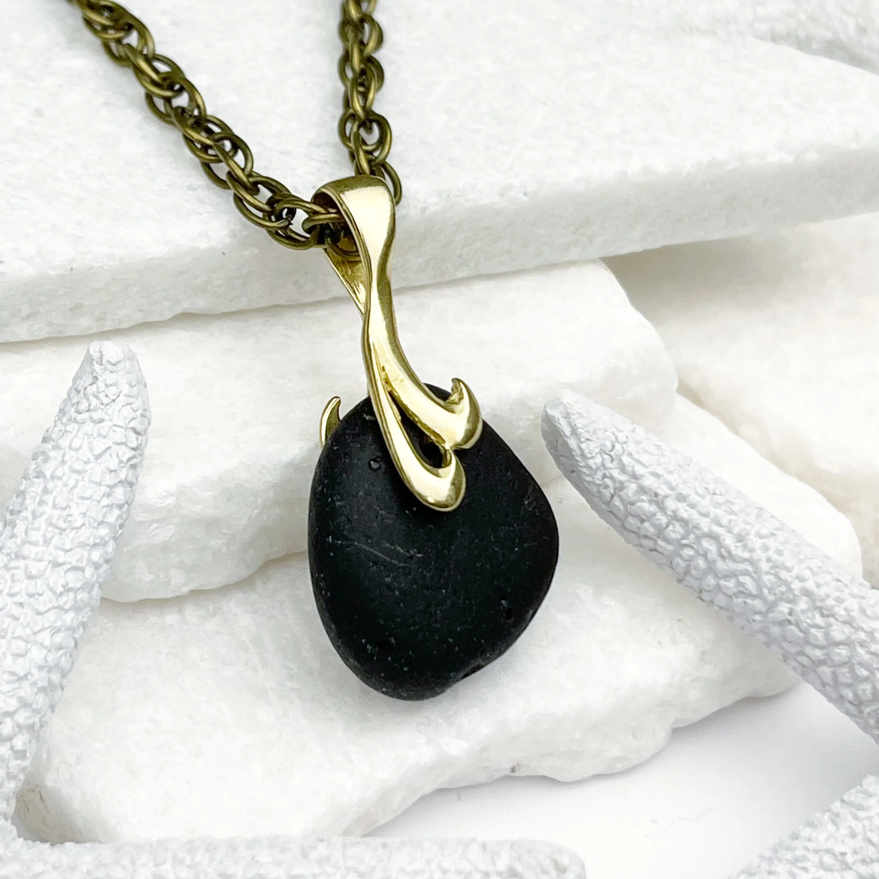 Bubbly Black Sea Glass and Decorative Bronze Bail Pendant | #5055