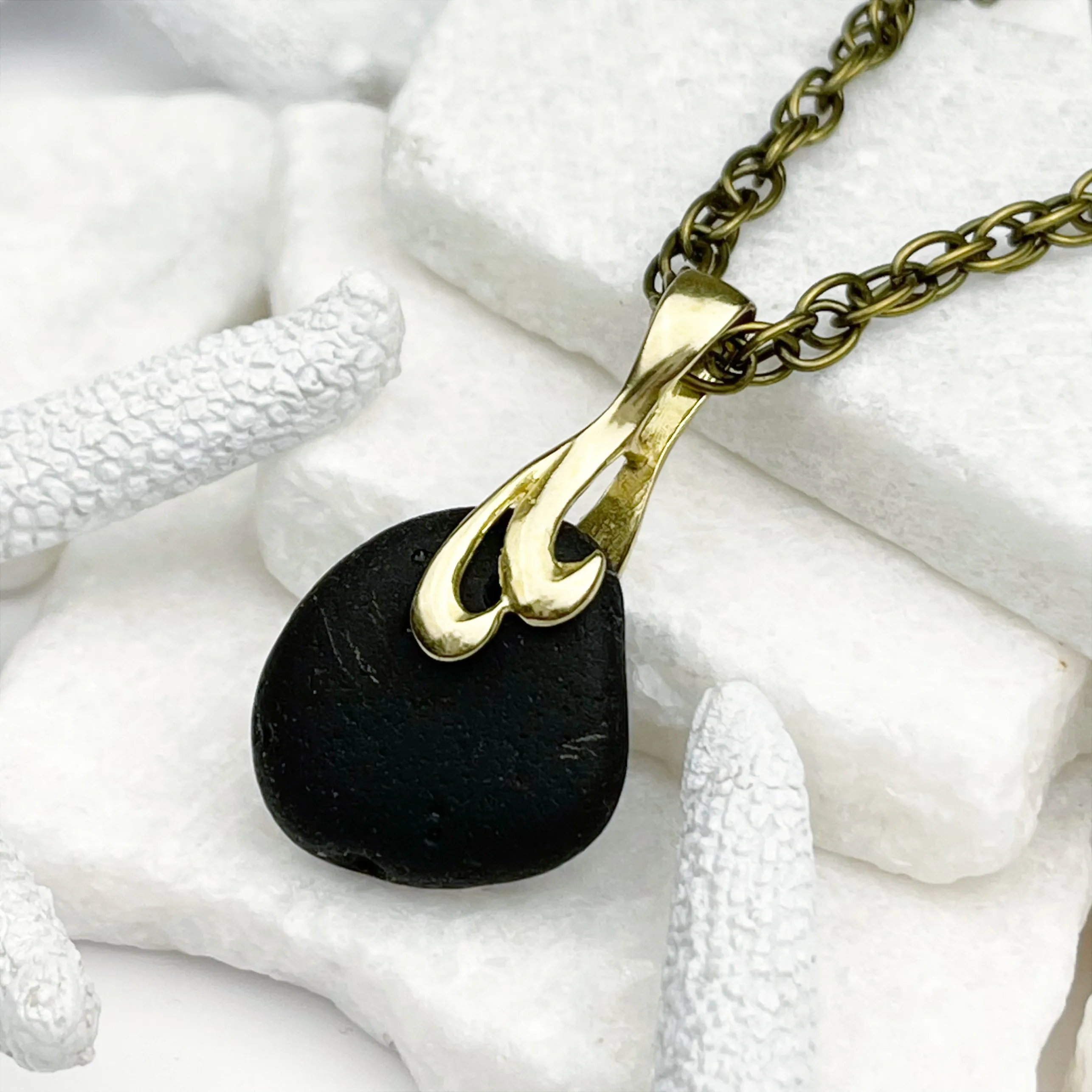 Bubbly Black Sea Glass and Decorative Bronze Bail Pendant | #5055