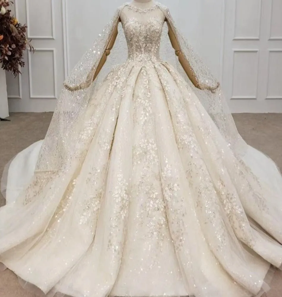 Champagne Handmade Flowers Sequins Luxury Bridal Gowns