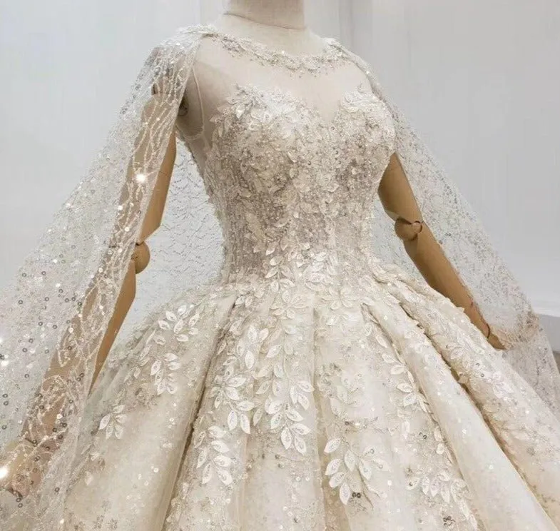 Champagne Handmade Flowers Sequins Luxury Bridal Gowns