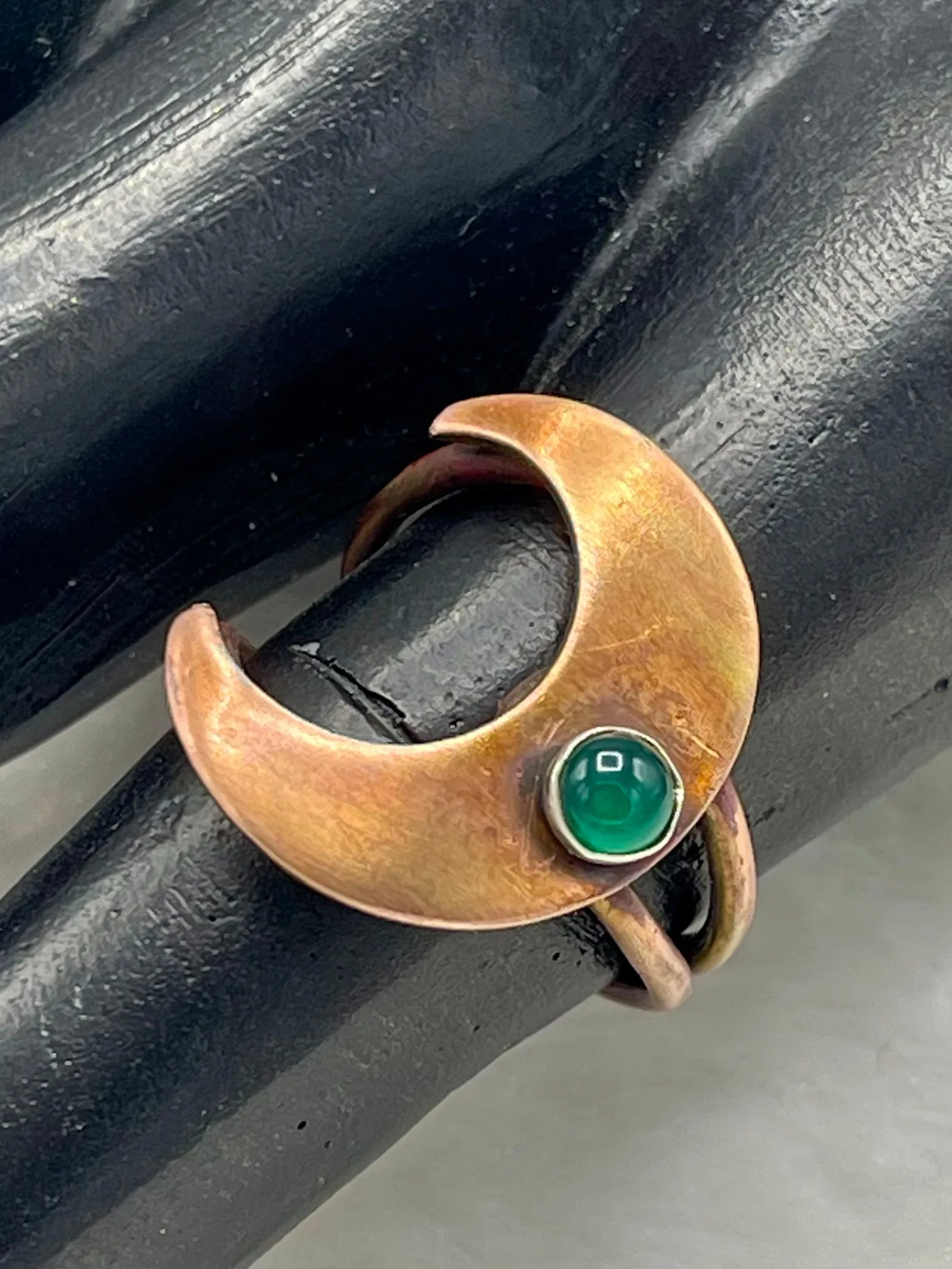 Copper and Sterling Silver  Moon Ring with Green Onyx