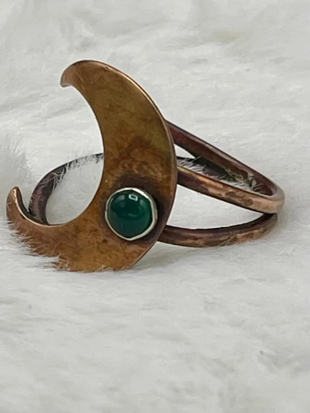 Copper and Sterling Silver  Moon Ring with Green Onyx