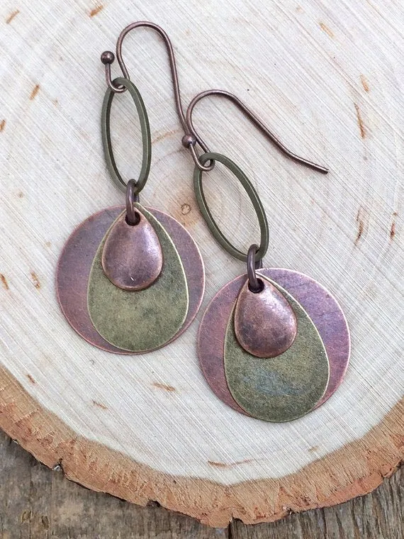 Copper Brass Dangle Earrings, Geometric Copper Earrings, Mixed Metal Earrings, Boho Earrings