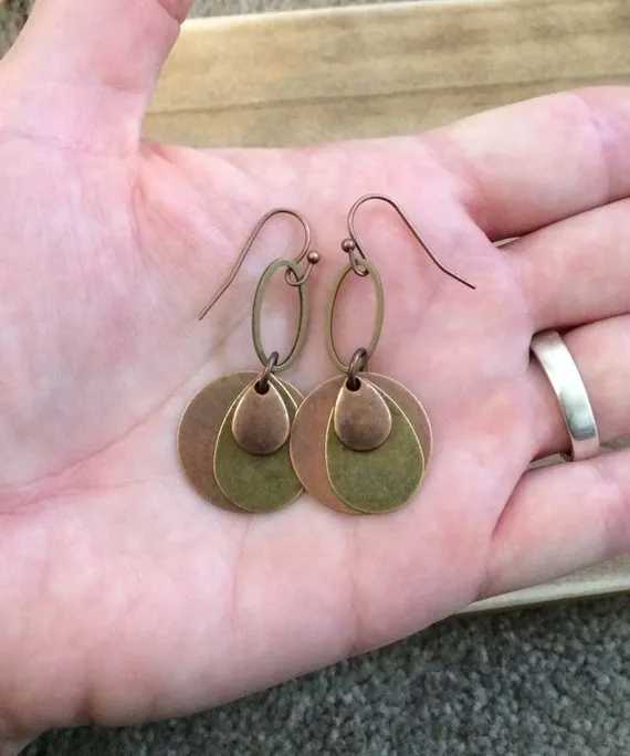 Copper Brass Dangle Earrings, Geometric Copper Earrings, Mixed Metal Earrings, Boho Earrings