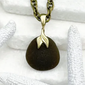 Dark Olive Sea Glass Pendant with Bronze Mermaid Tail | #5053