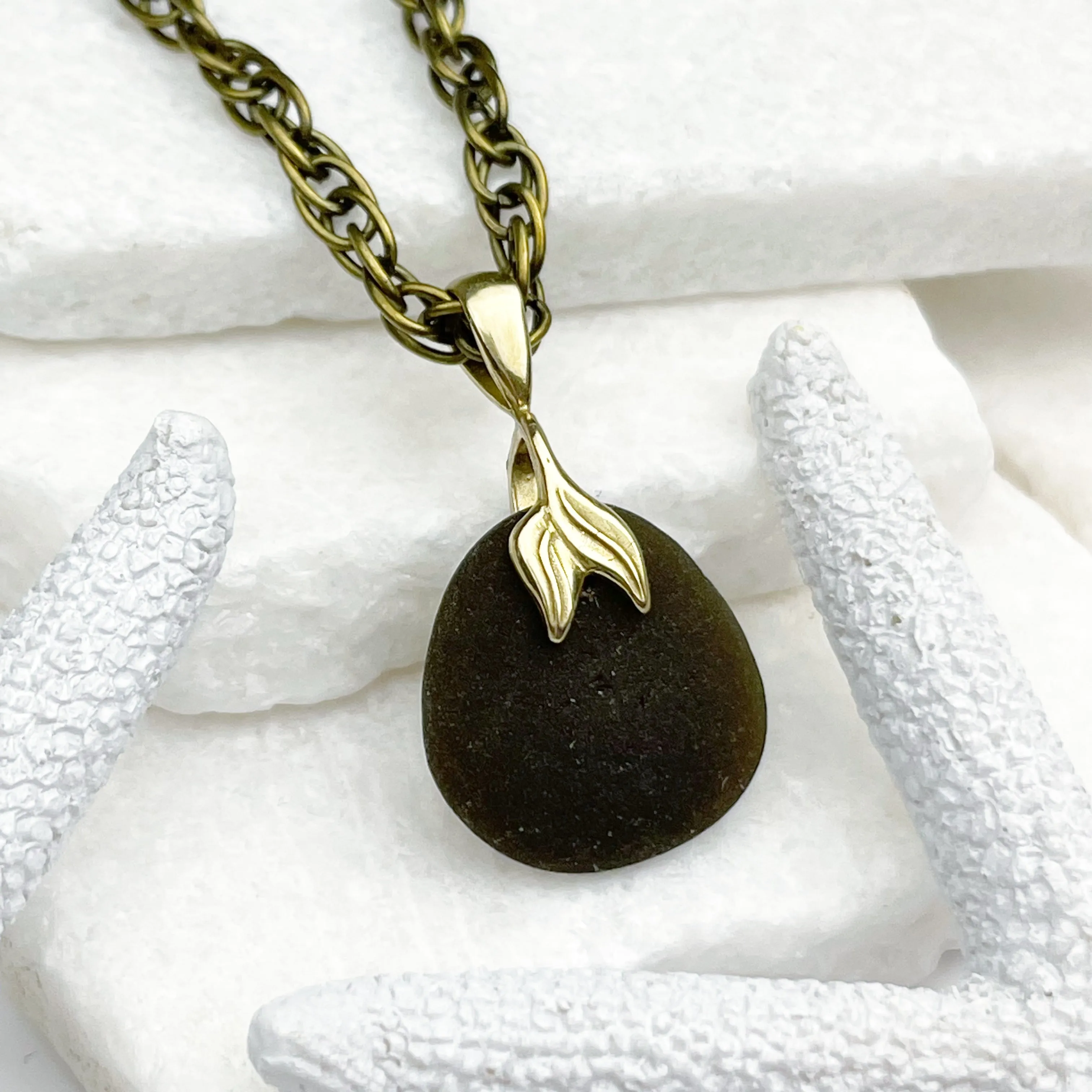 Dark Olive Sea Glass Pendant with Bronze Mermaid Tail | #5053