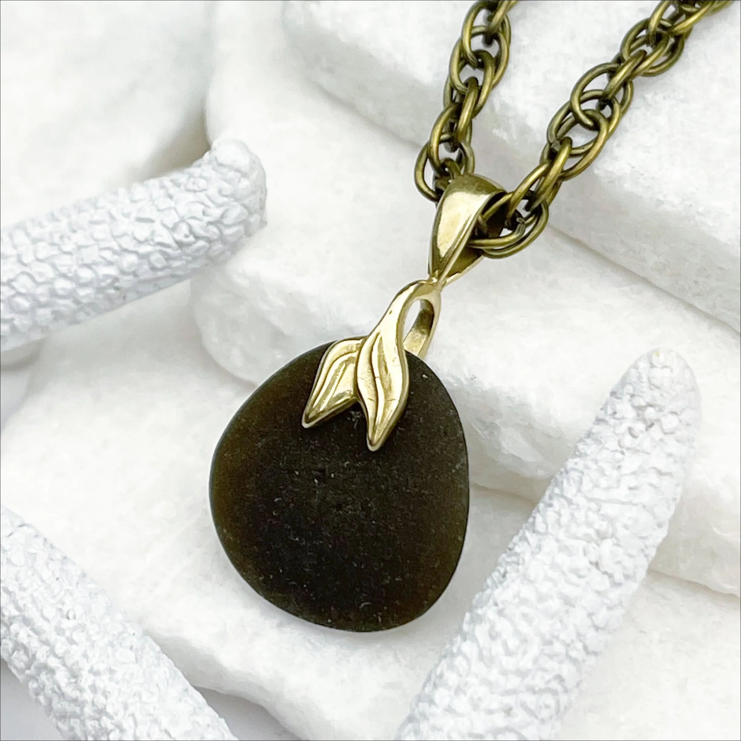 Dark Olive Sea Glass Pendant with Bronze Mermaid Tail | #5053