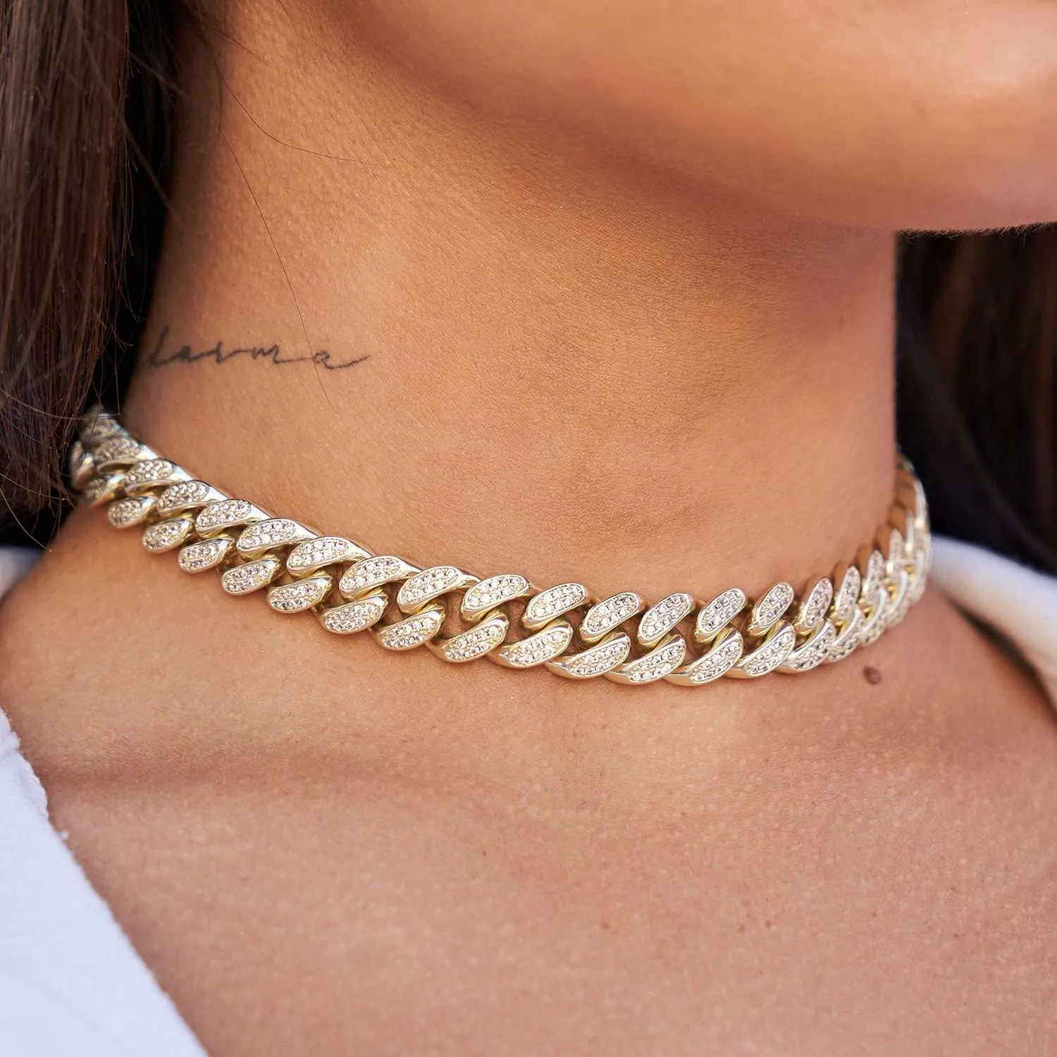 Diamond Cuban Link Choker in Yellow Gold - 12mm