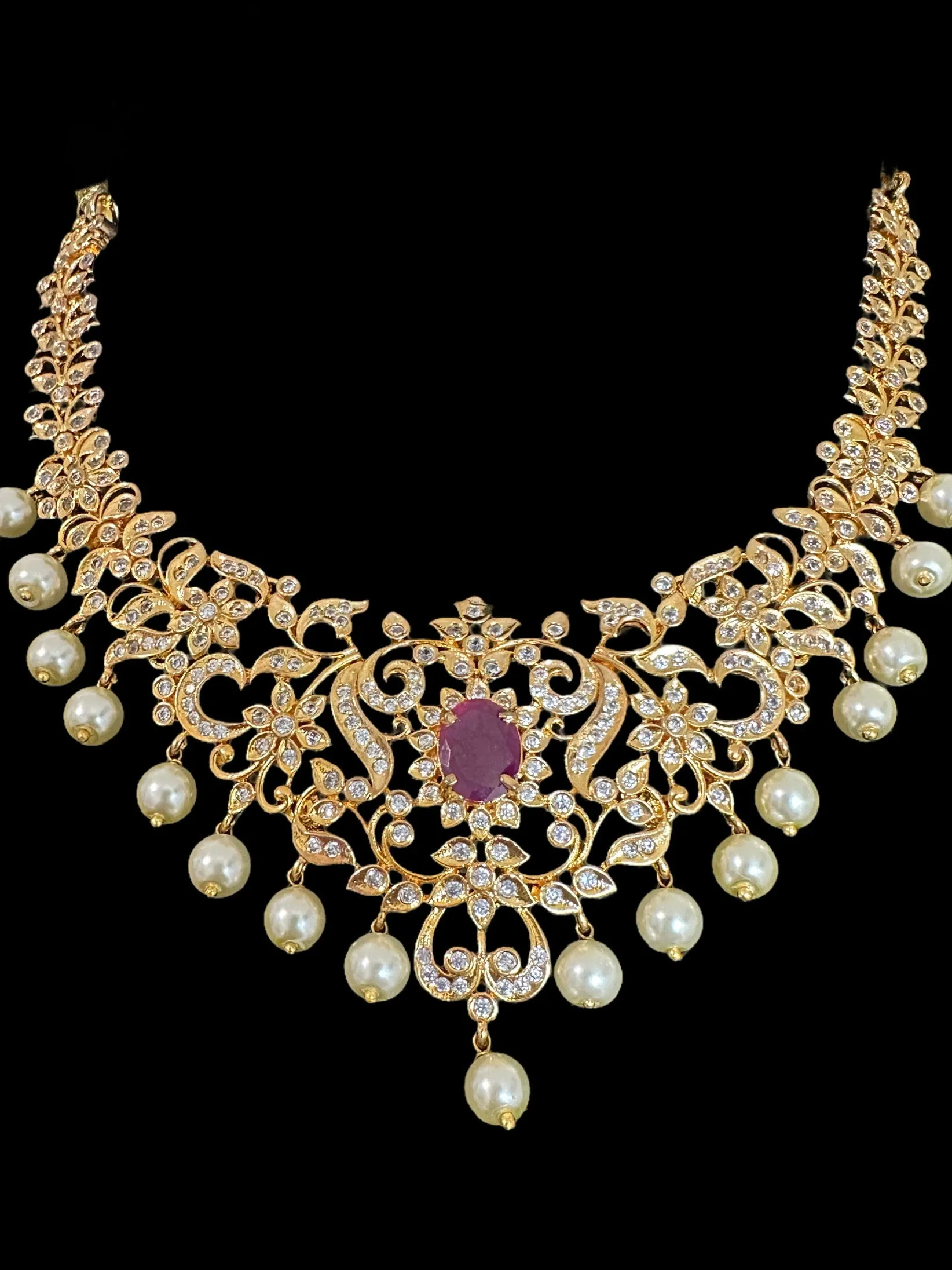 DNS107 Cz necklace set in ruby with golden pearls ( READY TO SHIP )