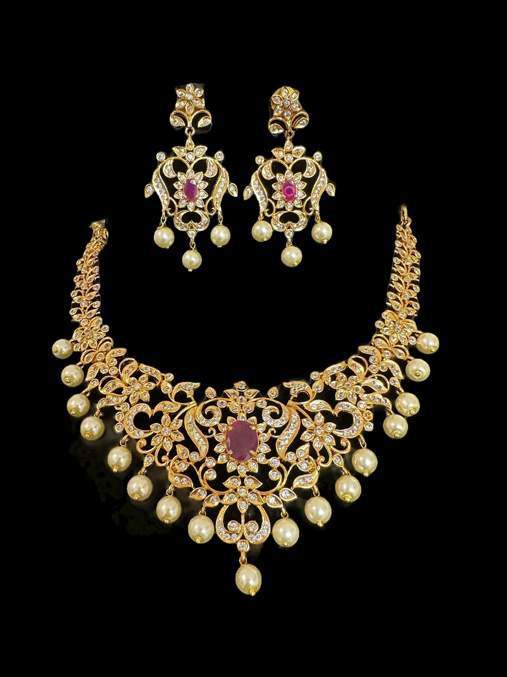 DNS107 Cz necklace set in ruby with golden pearls ( READY TO SHIP )