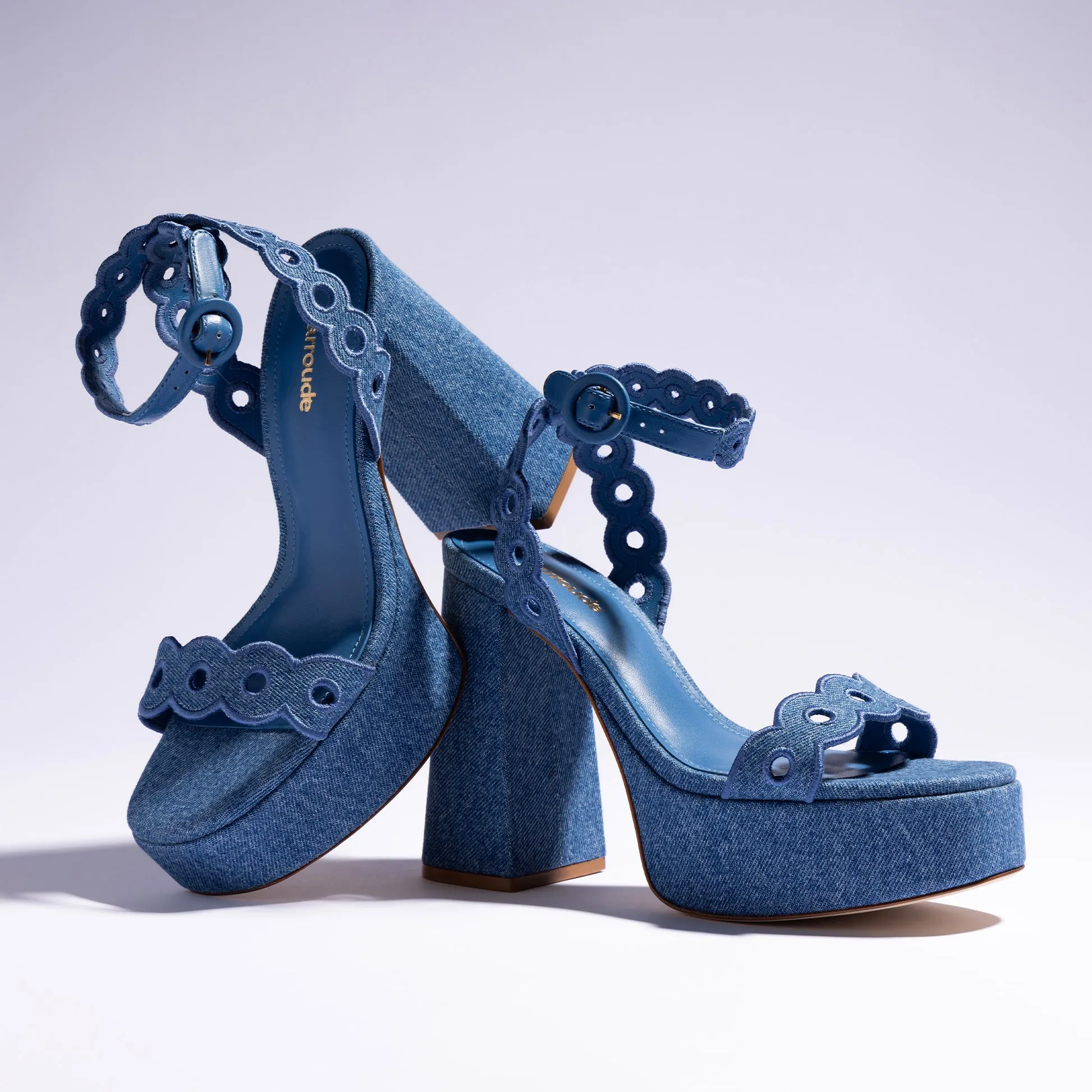 Dolly Broderie Sandal In Blue Stoned Denim