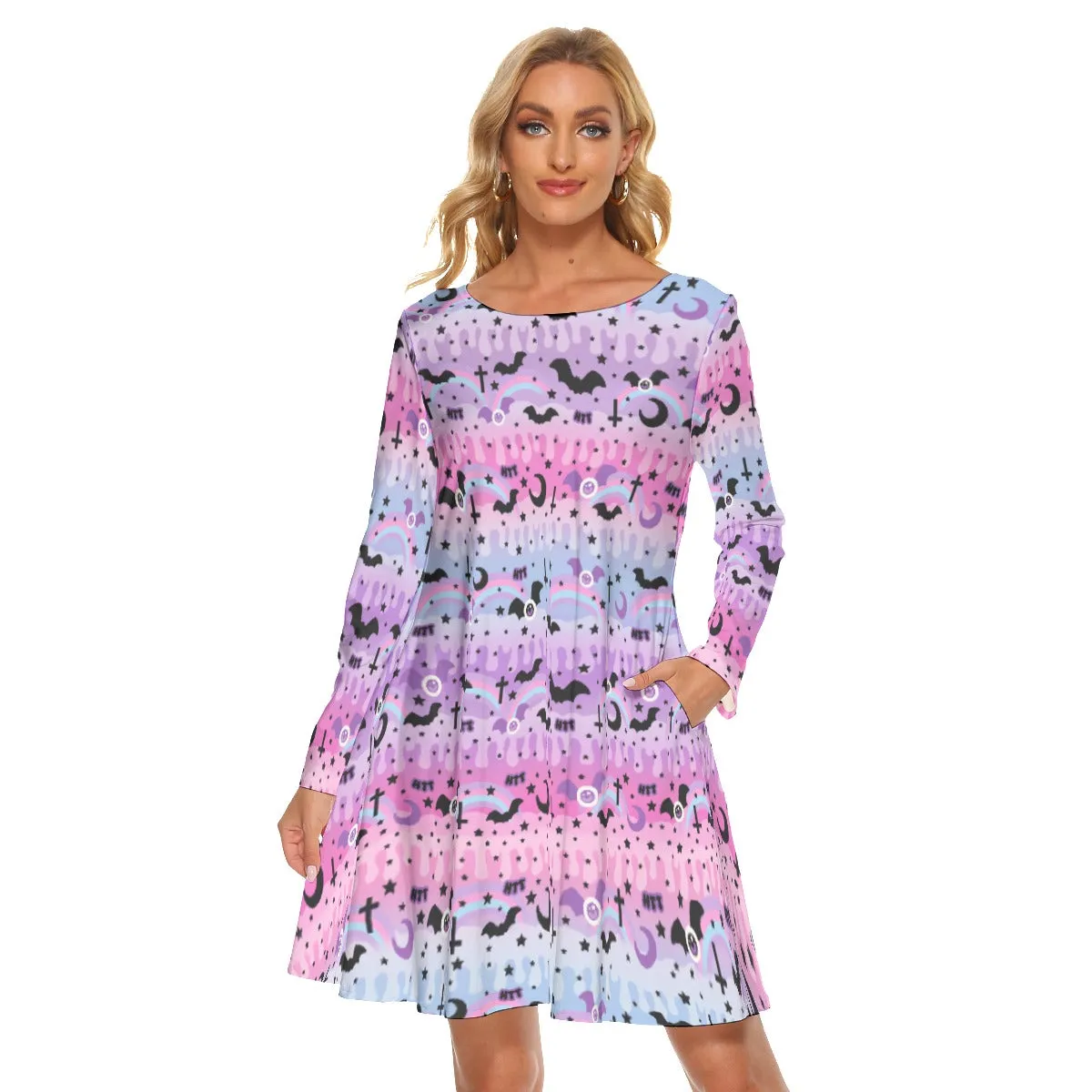 Dripping Sky Women's Long Sleeve Crew Neck Dress With Pockets