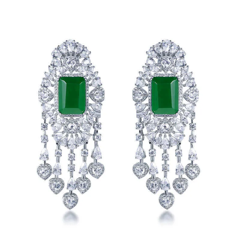 Elegant Green Emerald Cut Stone Drop Earrings