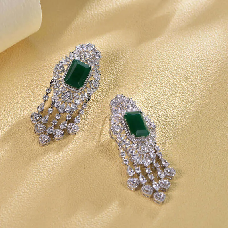 Elegant Green Emerald Cut Stone Drop Earrings