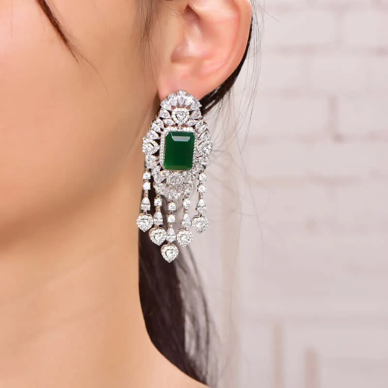 Elegant Green Emerald Cut Stone Drop Earrings