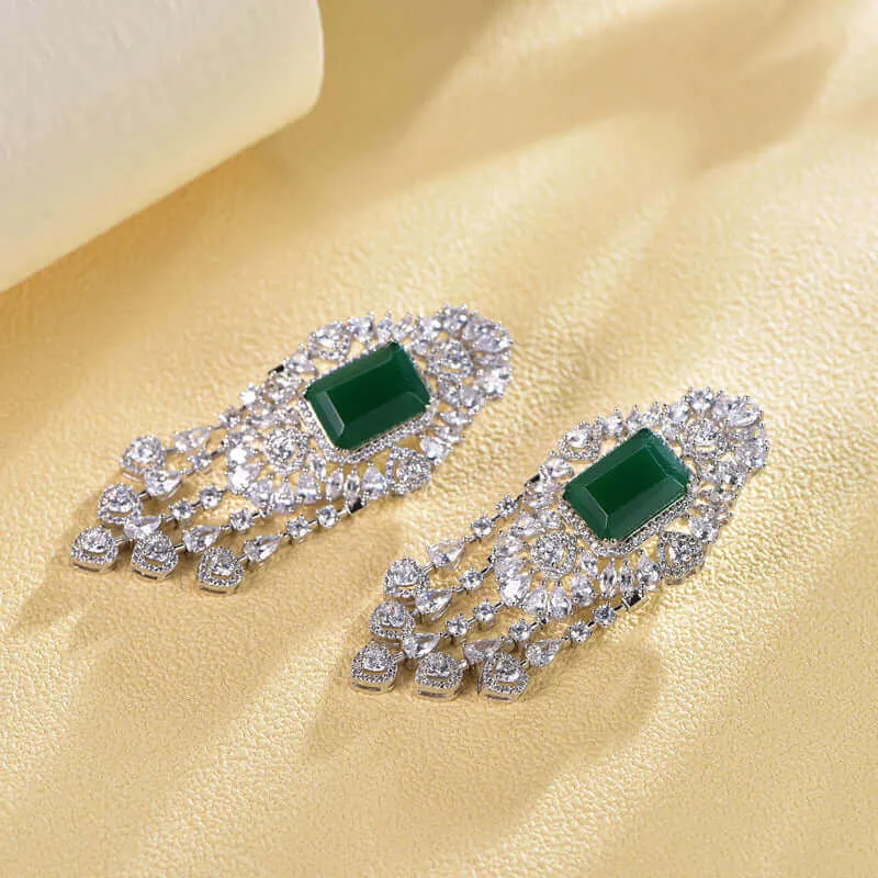 Elegant Green Emerald Cut Stone Drop Earrings