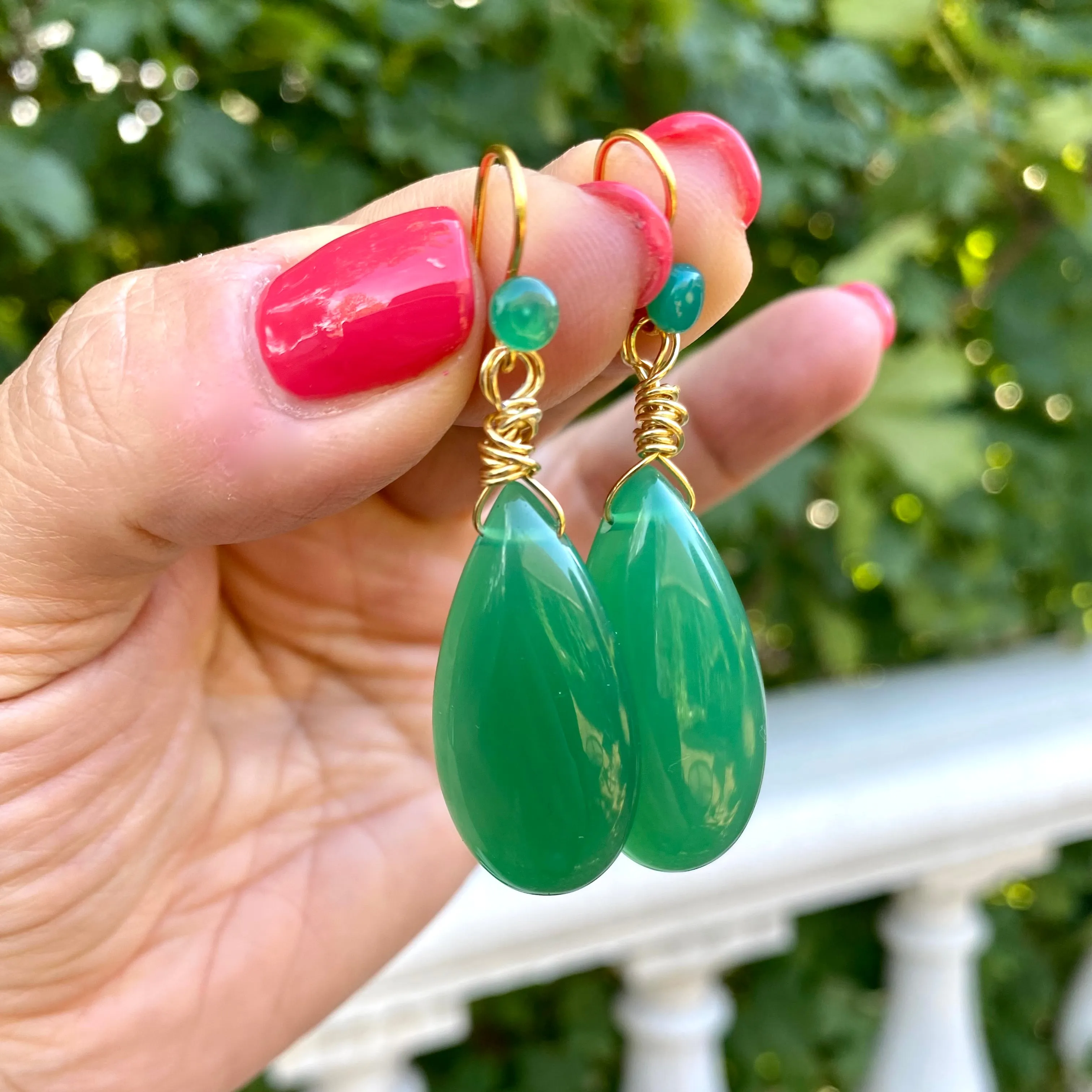 Emerald Green Onyx Teardrop Earrings, Gold Vermeil