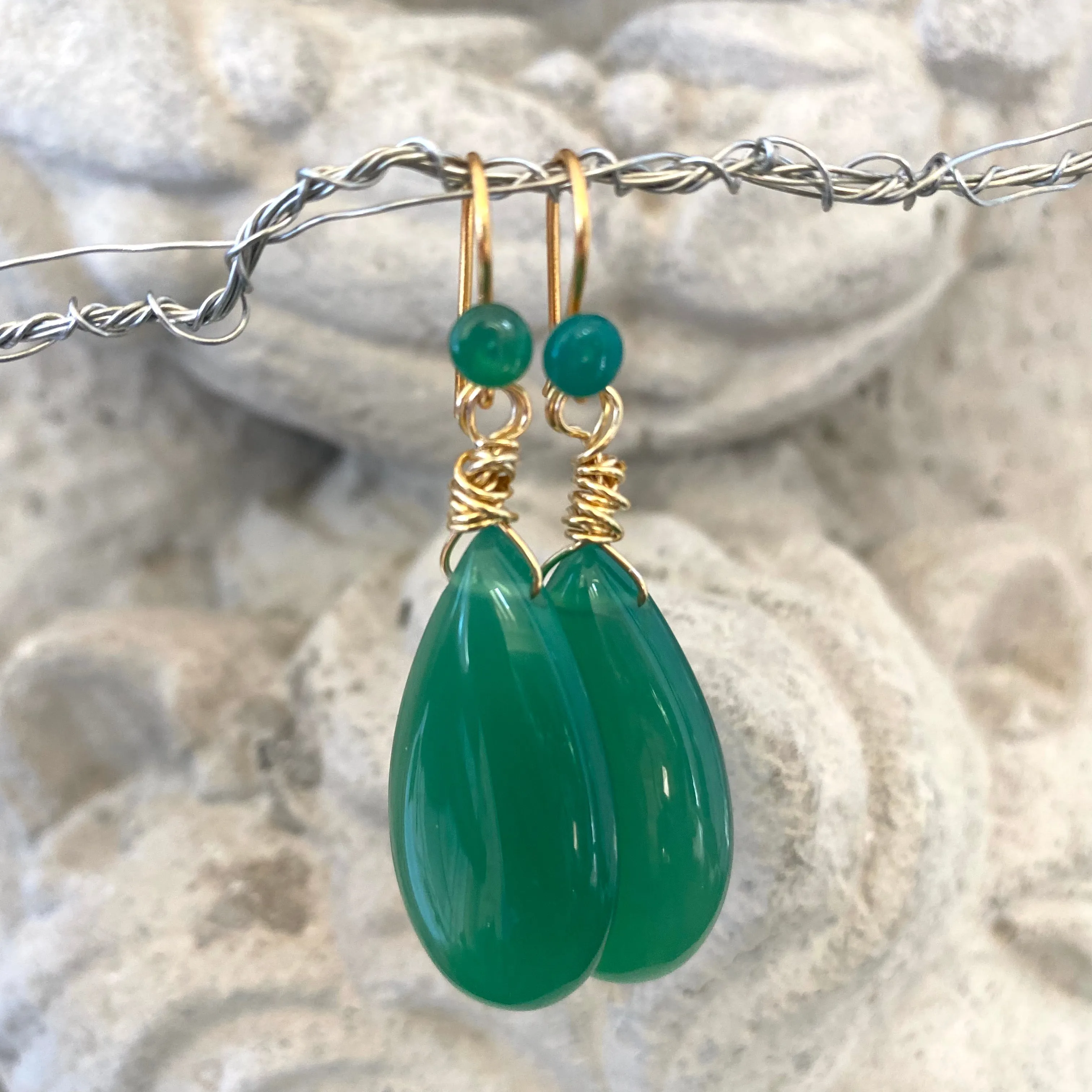 Emerald Green Onyx Teardrop Earrings, Gold Vermeil