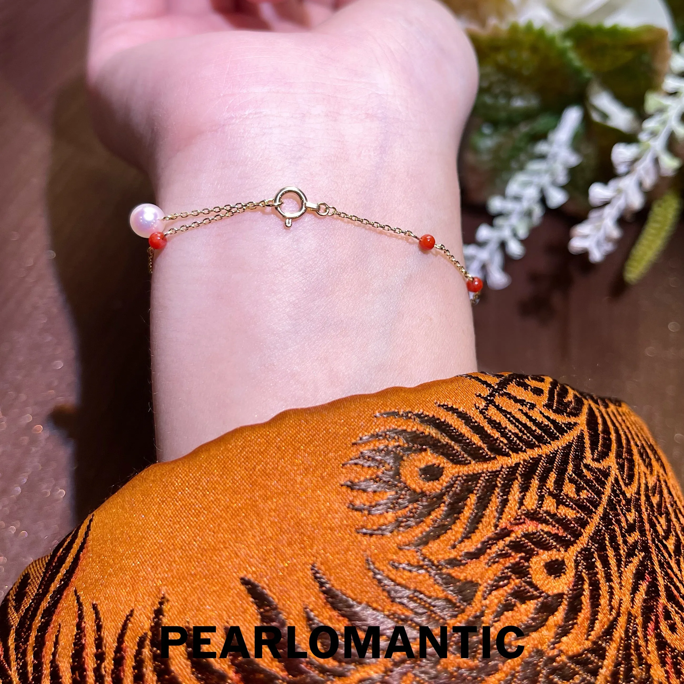 [Fine Jewelry] Japanese Aka Coral & Akoya Pearl & 10k Gold Adjustable Bracelets