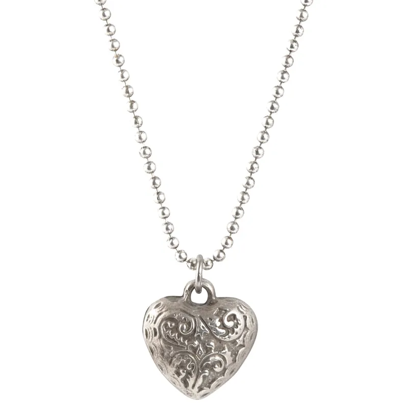 Finished Jewelry-Simple-Ornate Heart Charm Antique Silver Pendant Ball Chain Necklace-24 Inches