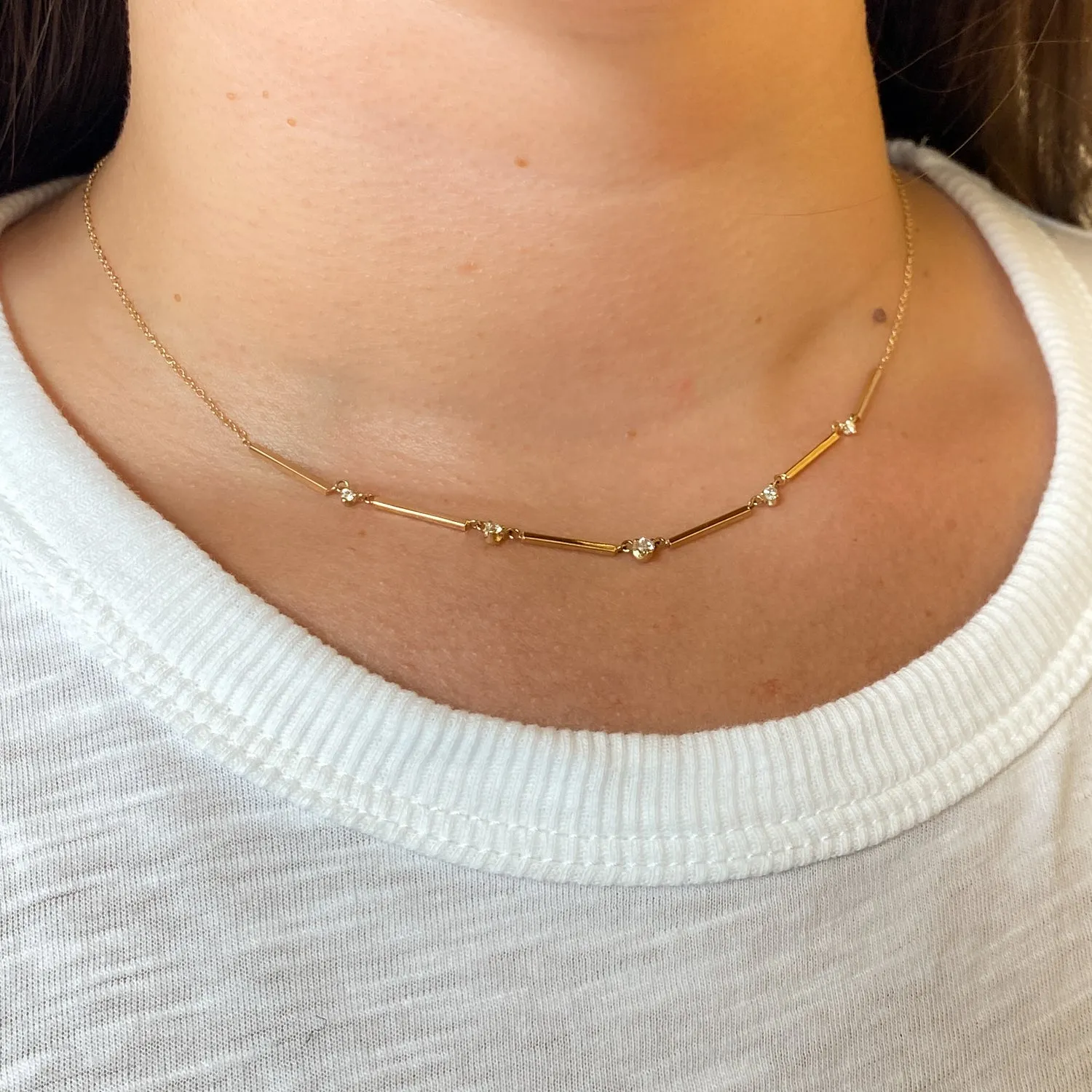 Five Graduated Prong Diamond & Gold Bar Necklace