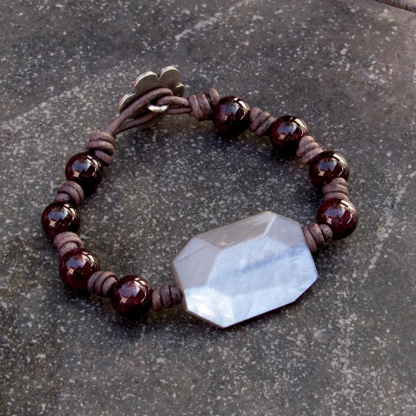 Garnet gemstone and silver moonstone leather bracelet