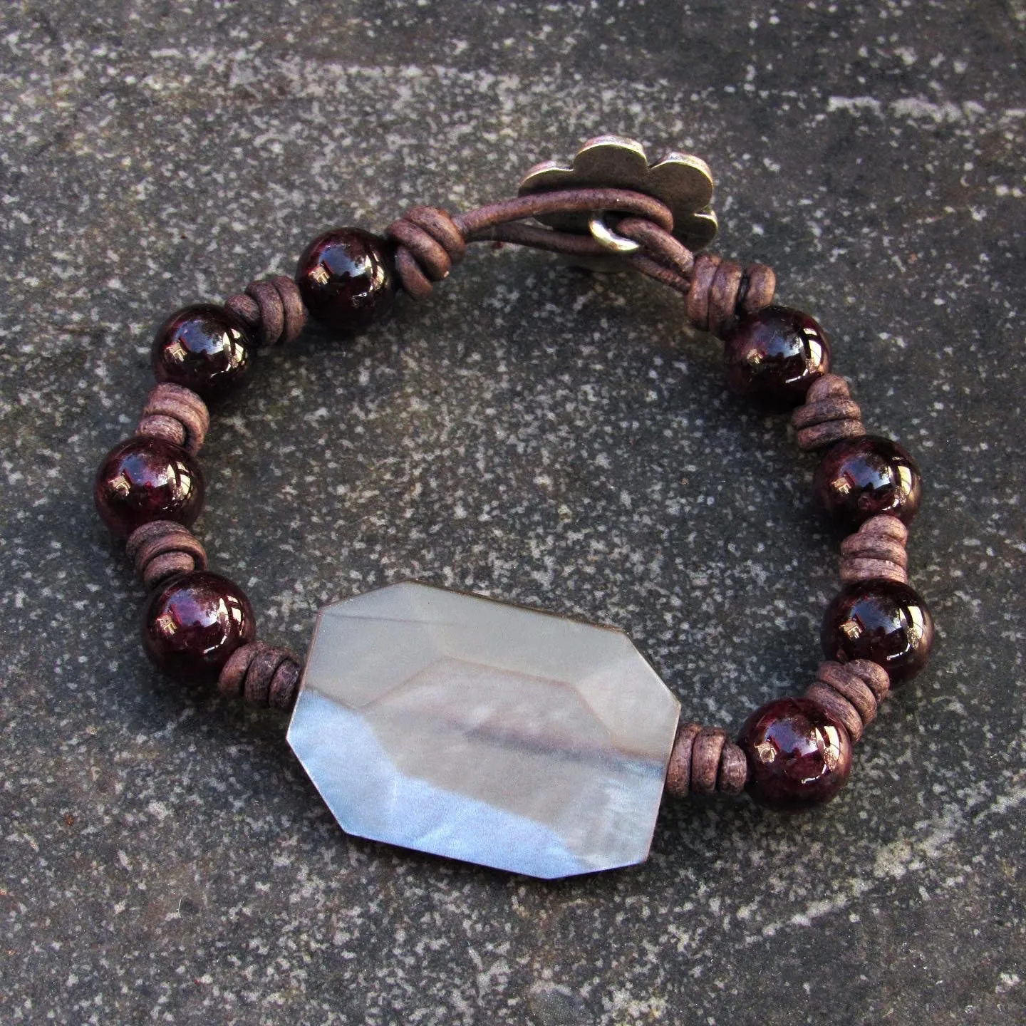 Garnet gemstone and silver moonstone leather bracelet