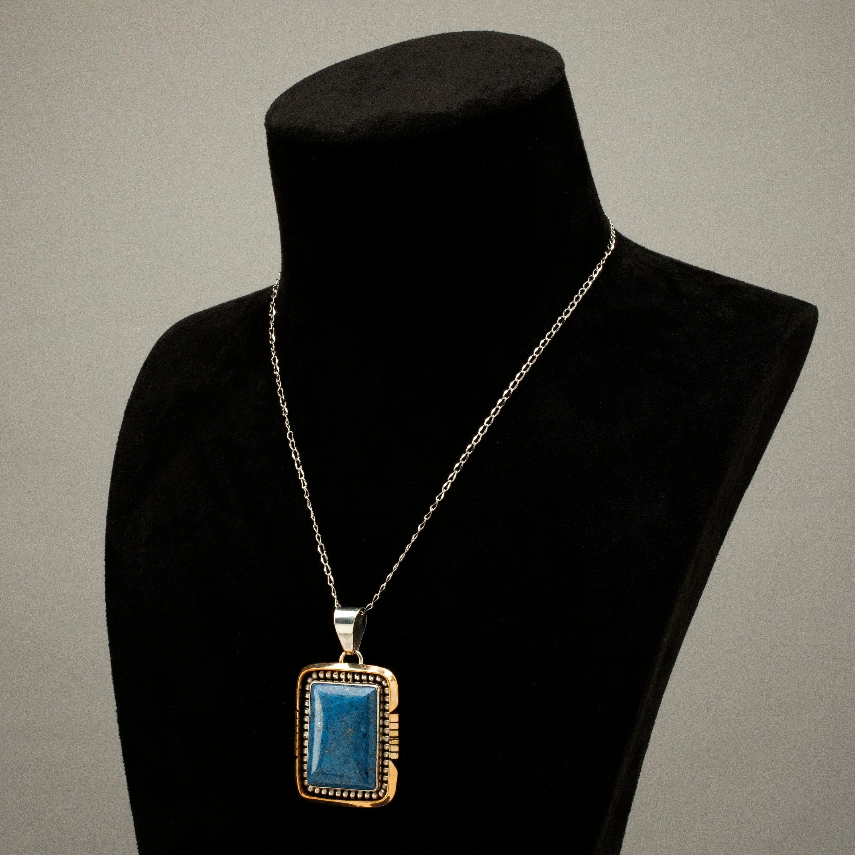 Gary Spencer Lapis Rectangular Navajo USA Native American Made 925 Sterling Silver & 12K Gold Filled Pendant