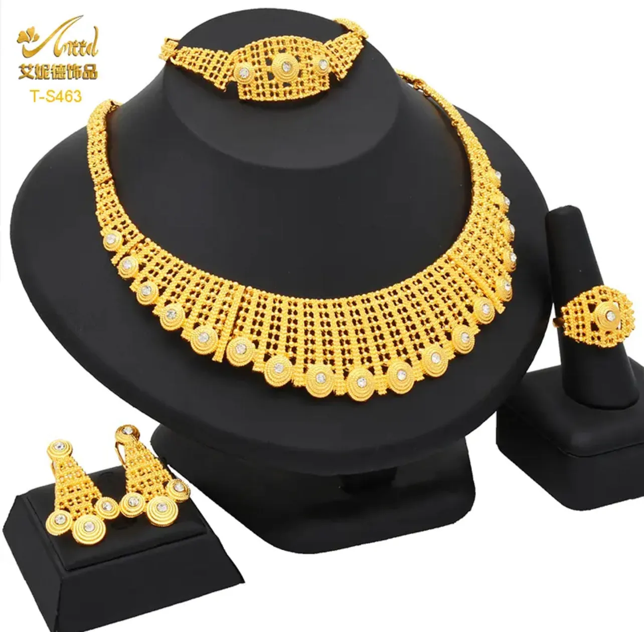 Gold Color Jewelery Set Dubai Jewelry Earrings For Women Wedding Bridal Necklace Bride Ring Bracelet