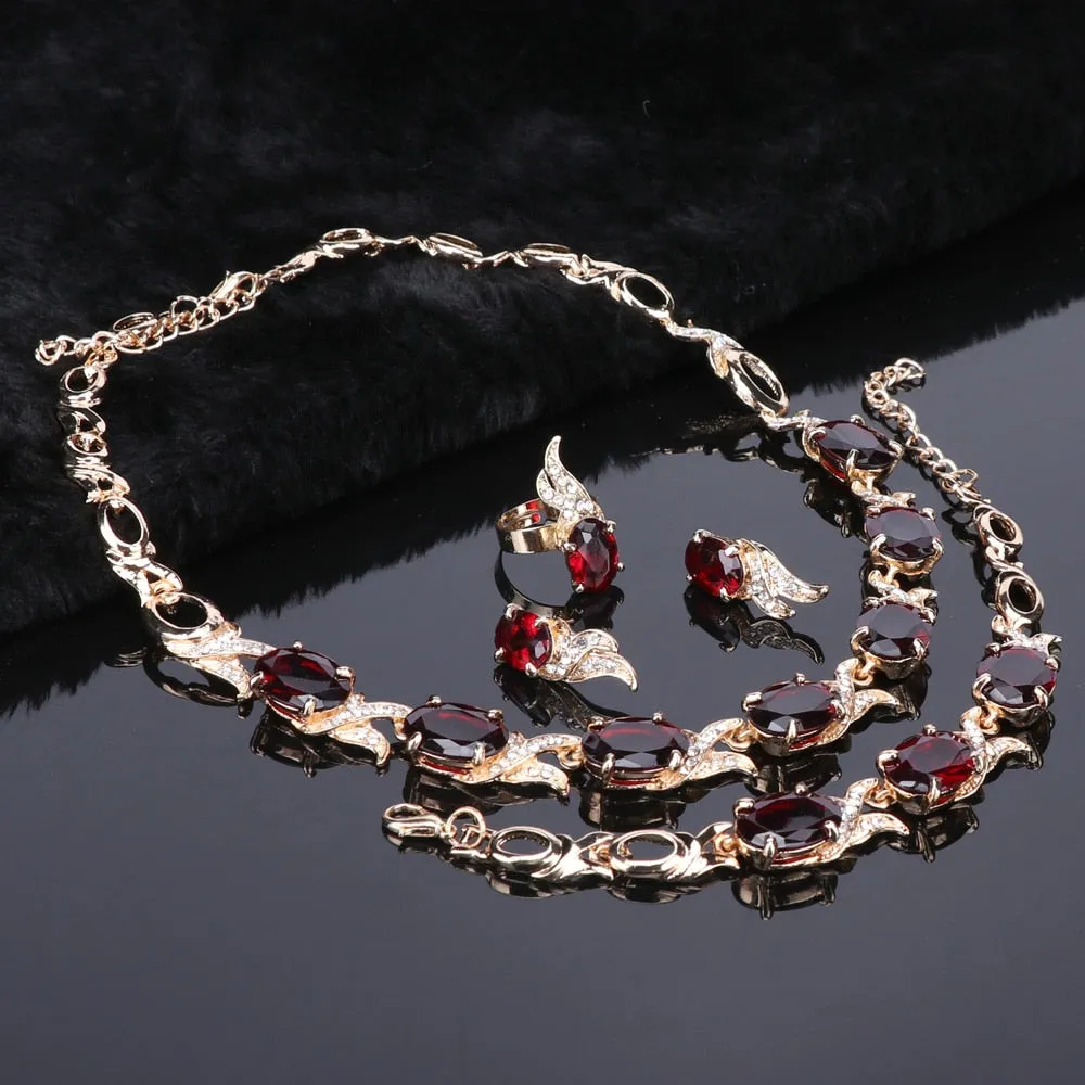 Gold-Plated and Silver-Plated Red Crystal Necklace, Bracelet, Earrings & Ring Wedding Jewelry Set