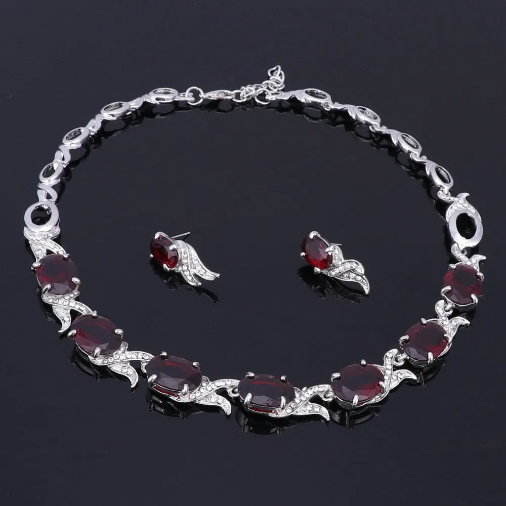 Gold-Plated and Silver-Plated Red Crystal Necklace, Bracelet, Earrings & Ring Wedding Jewelry Set