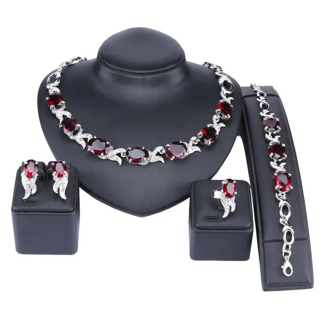 Gold-Plated and Silver-Plated Red Crystal Necklace, Bracelet, Earrings & Ring Wedding Jewelry Set