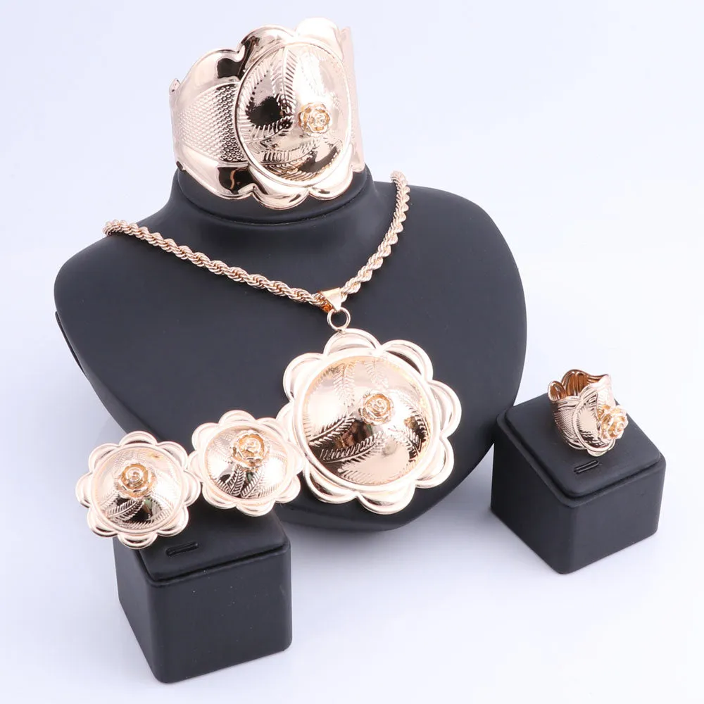 Gold-Plated Flower Cup Necklace, Bracelet, Earrings & Ring Wedding Statement Jewelry Set