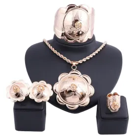 Gold-Plated Flower Cup Necklace, Bracelet, Earrings & Ring Wedding Statement Jewelry Set