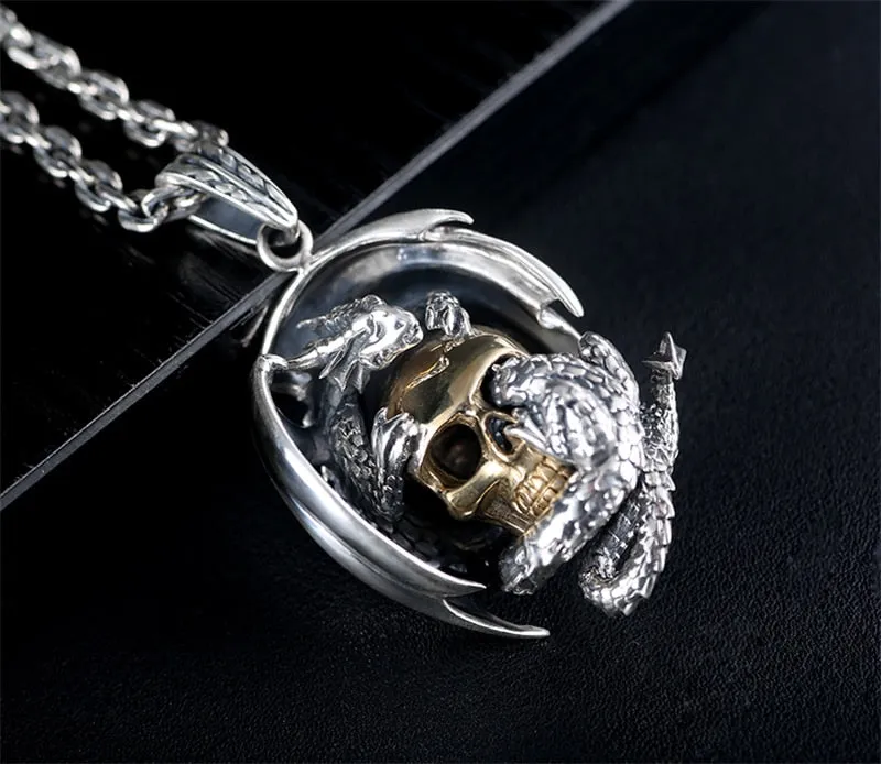 Gold-Plated Skull and Dragon 925 Sterling Silver Vintage Punk Rock Biker Pendant Necklace