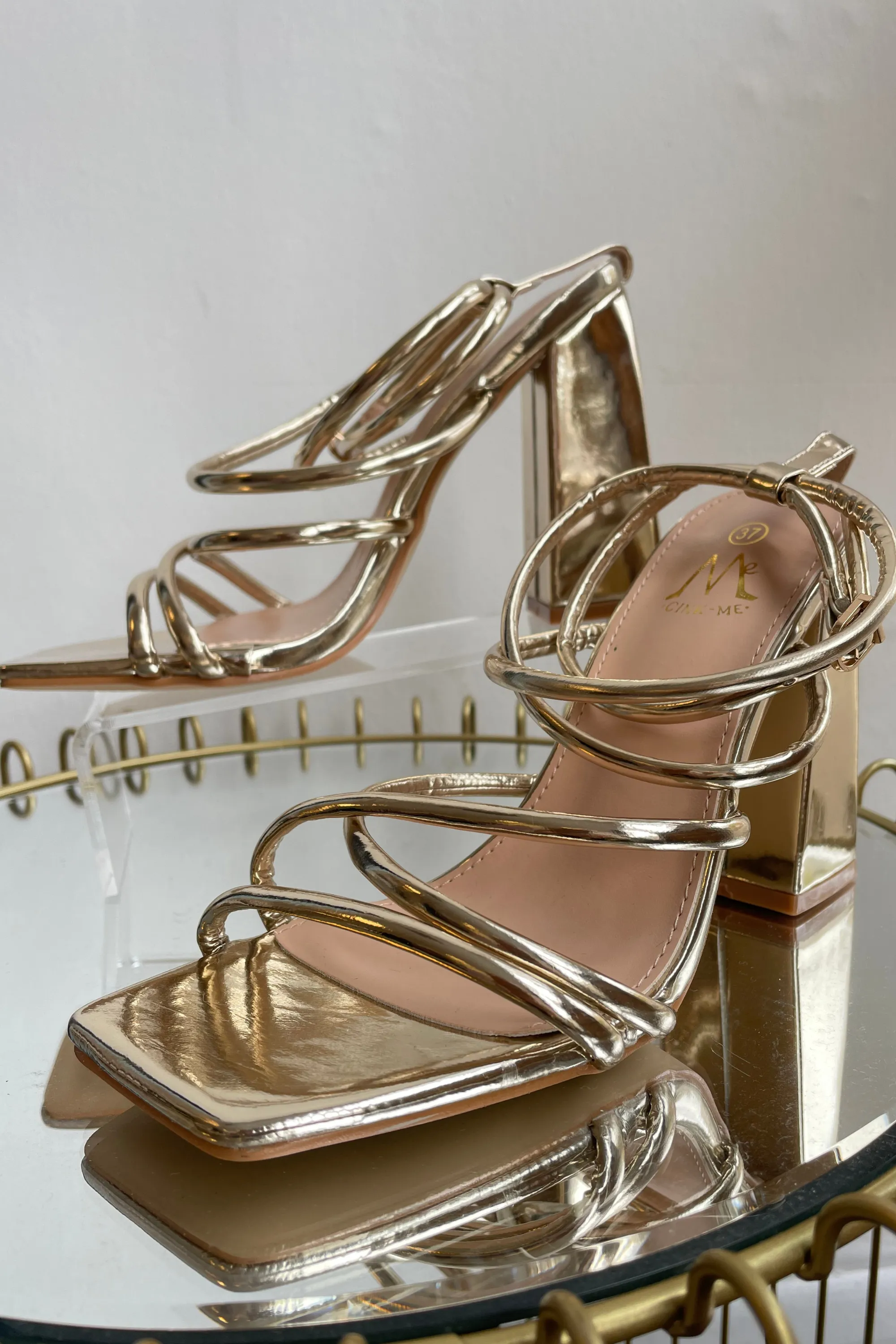 Gold Strappy Block Heels