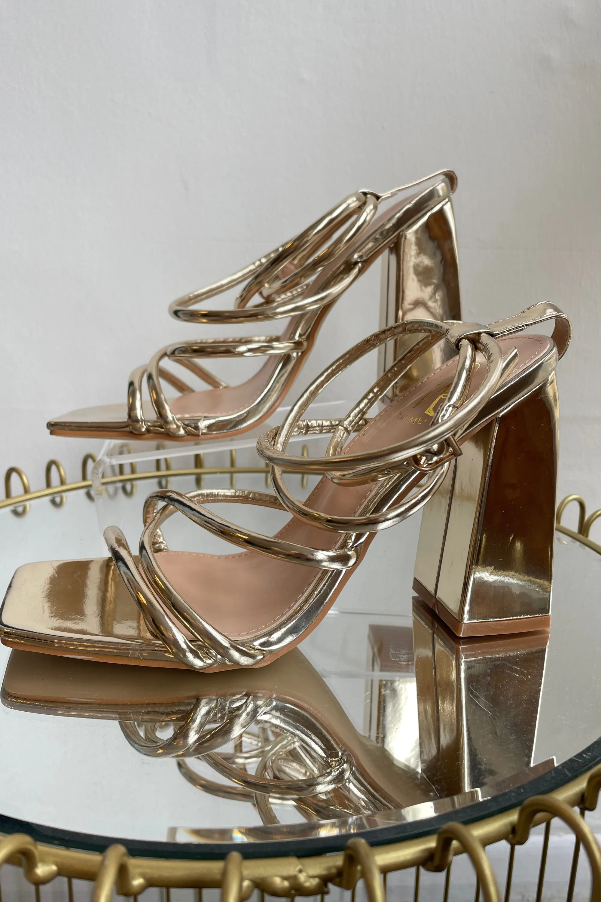 Gold Strappy Block Heels