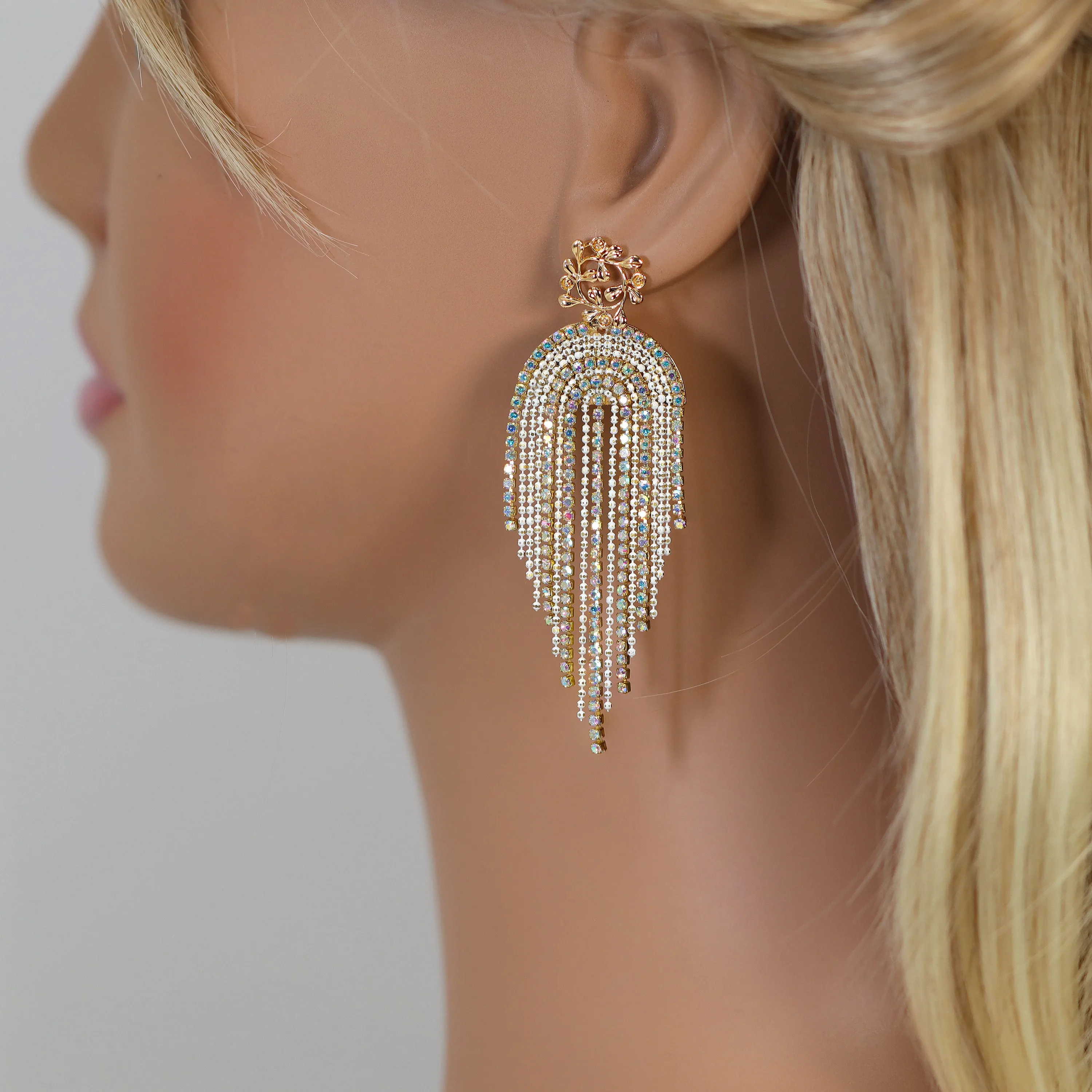 Gold Swarovski AB Crystal Chandelier Diamond earrings, Long Tassel Bridal Jewelry Bridal Earrings Crystal Bridal Earrings Statement earrings