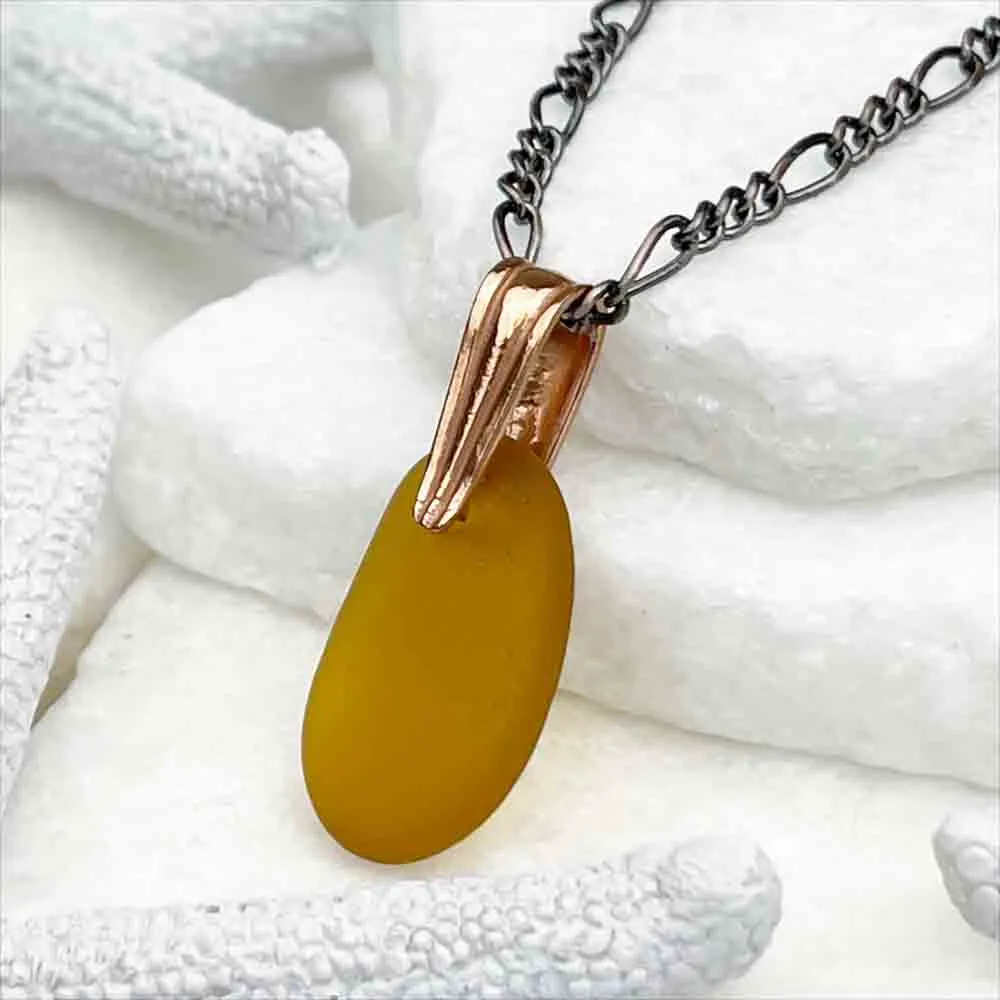 Golden Amber Sea Glass Pendant on a Copper Bail | #5081