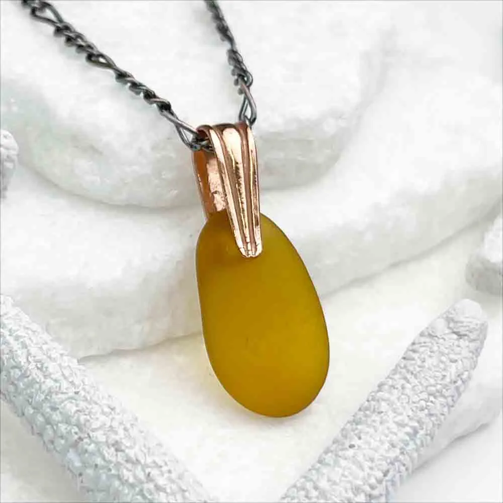 Golden Amber Sea Glass Pendant on a Copper Bail | #5081