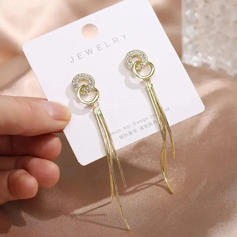 Golden Double Circle Zircon Long Tassel Stud Earrings for Women S3539601